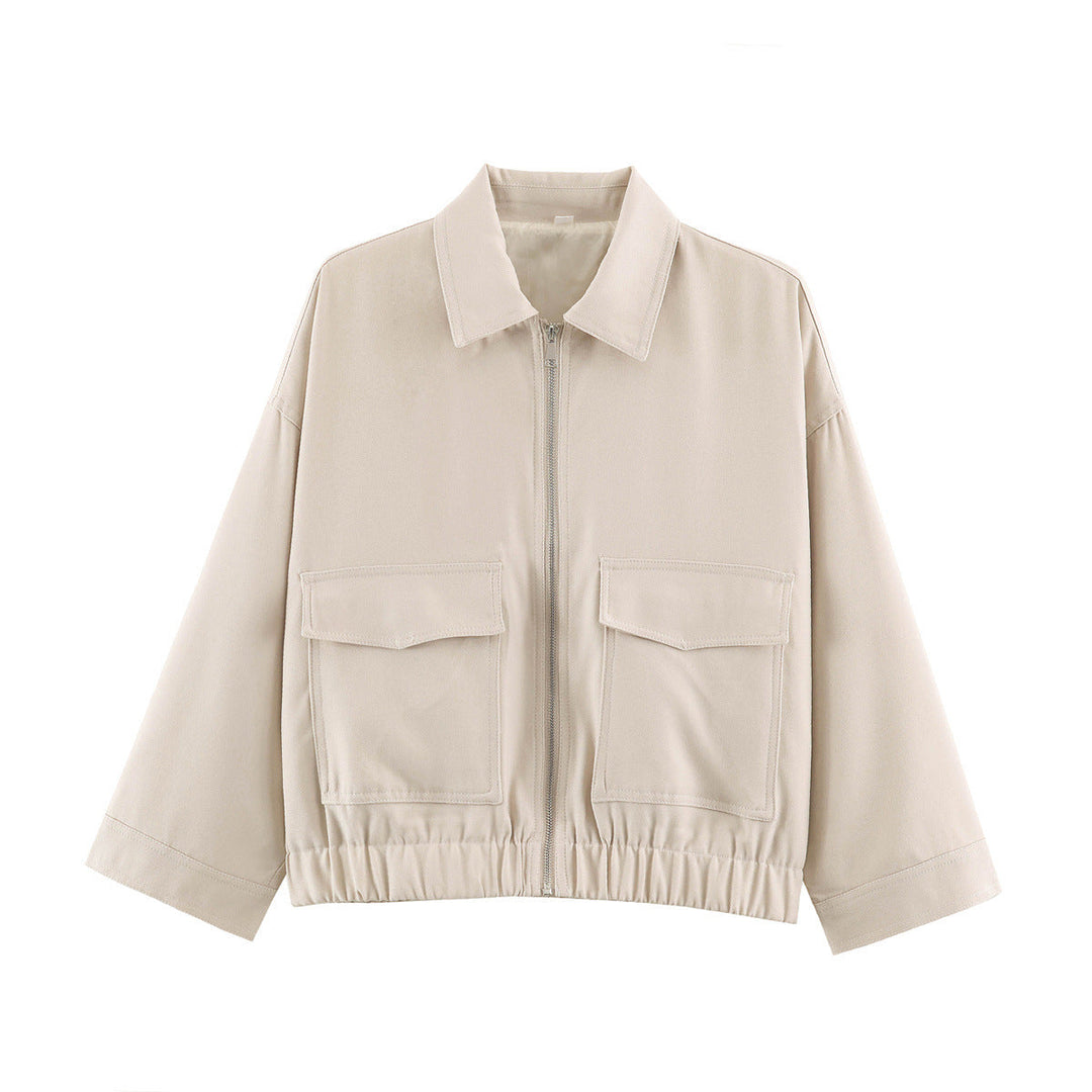 Dam Boxy kort Utility jacka med dragkedja Flap fickor och Elastic fåll