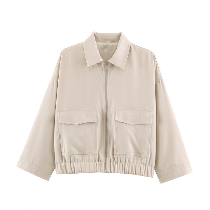 Dam Boxy kort Utility jacka med dragkedja Flap fickor och Elastic fåll
