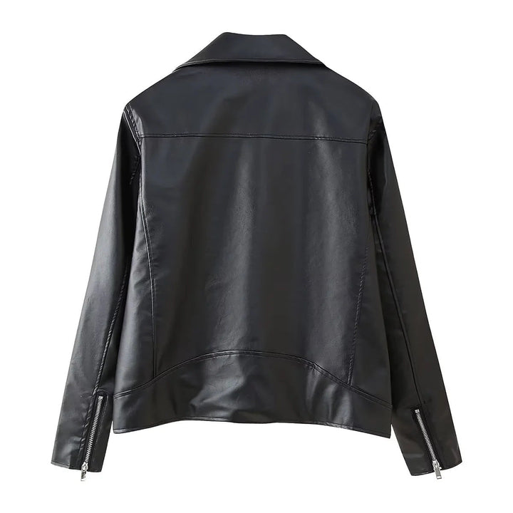 Dam figurnära konstläder bikerjacka med asymmetrisk dragkedja, bred lapels, och decorative pocket