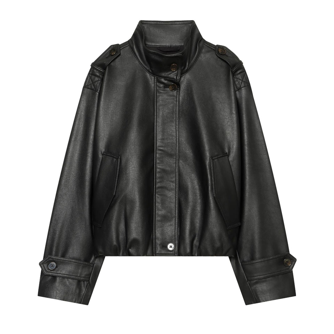 Dam Kort Faux Läder Blouson Jacka med Funnel Neck, Epaulettes och Elastic Nederkant
