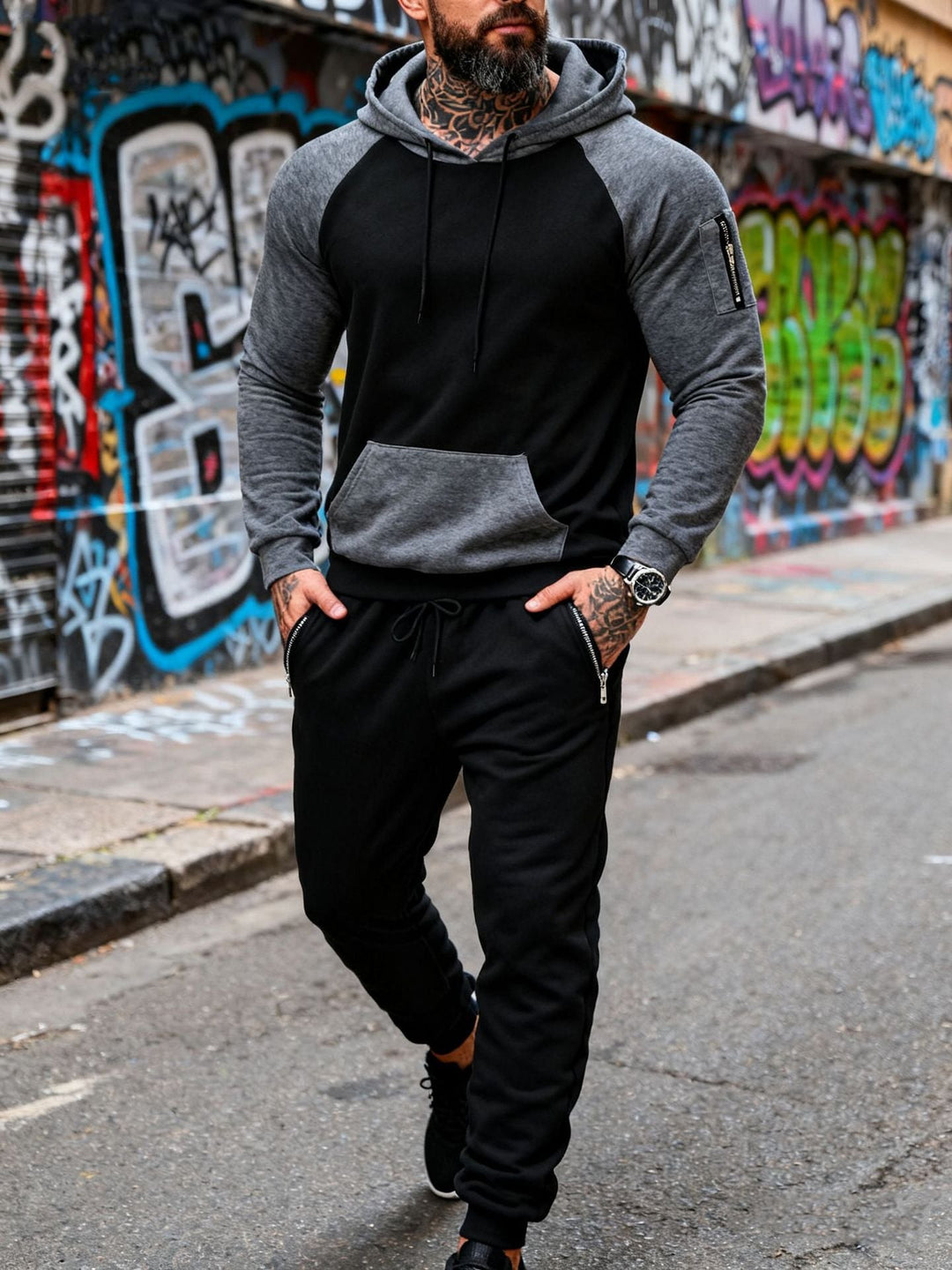 Herr Two-Piece med Huva Sweat Set med Raglanärmar, Ärm Dragkedja Ficka, och Tapered Jogging Byxor