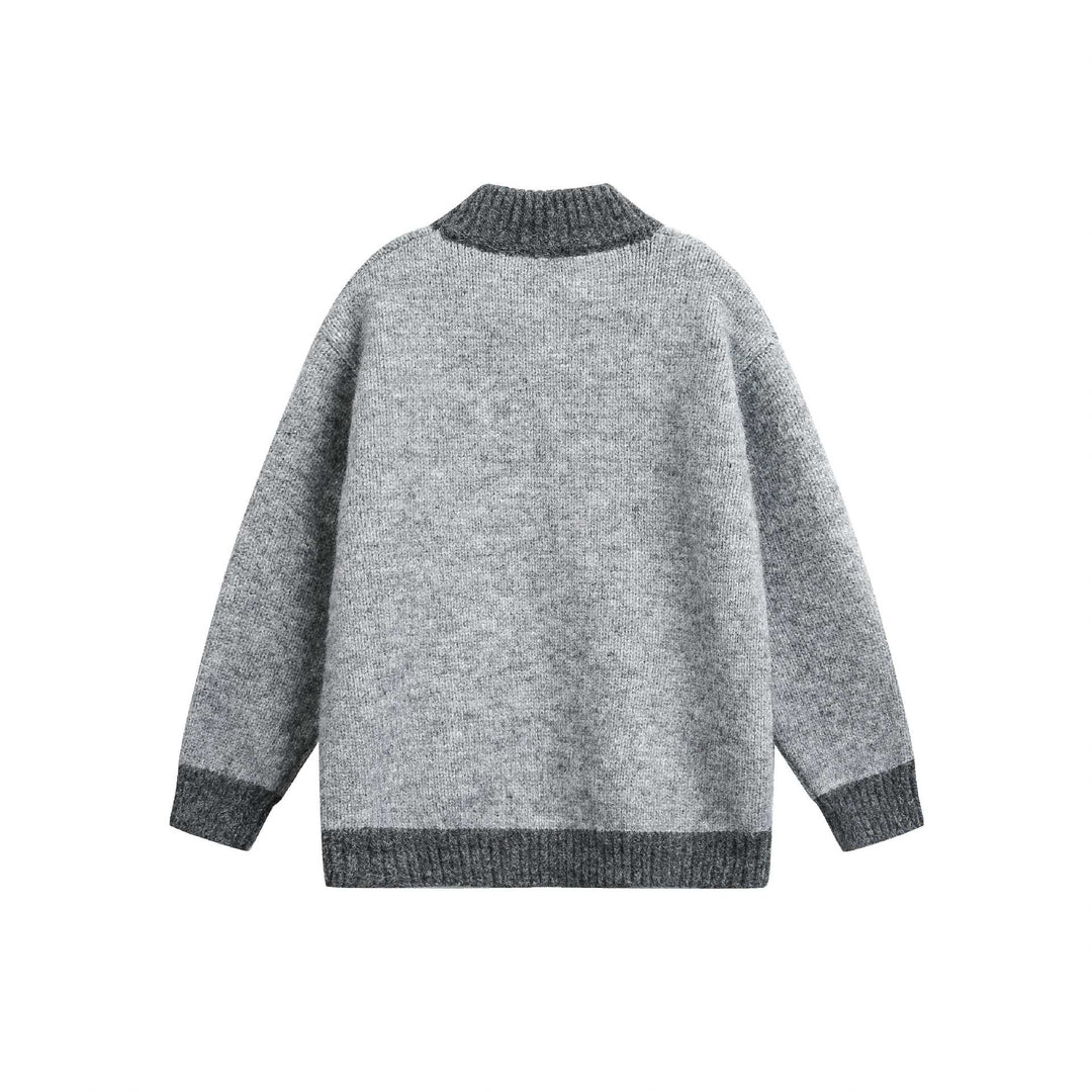 Dam Chunky Stickad Dragkedja Jacka med Hög Ribbad Krage och Two-Tone Muddar