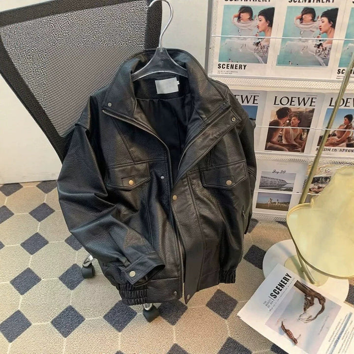 Dam Fashion konstläder jacka med hög krage