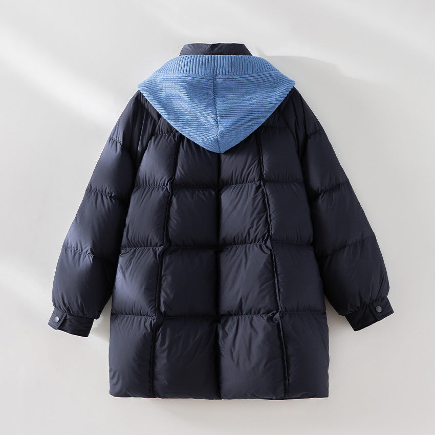 Dam vadderad kviltad jacka med huva ribbed krage lös passform och midi length