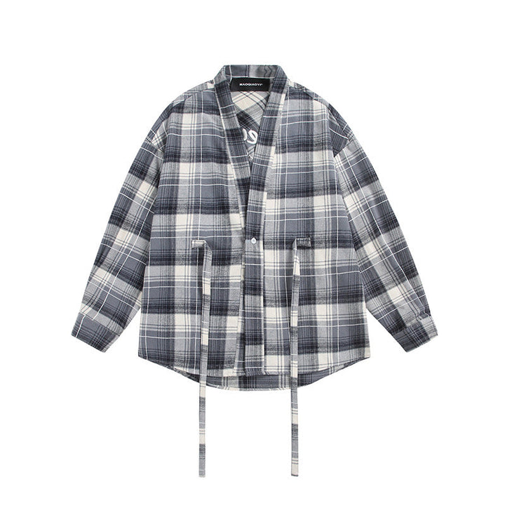 Dam Oversized Check Skjorta Jacka med Kimono Skärning, Dragsko Ties och Utanpåfickor