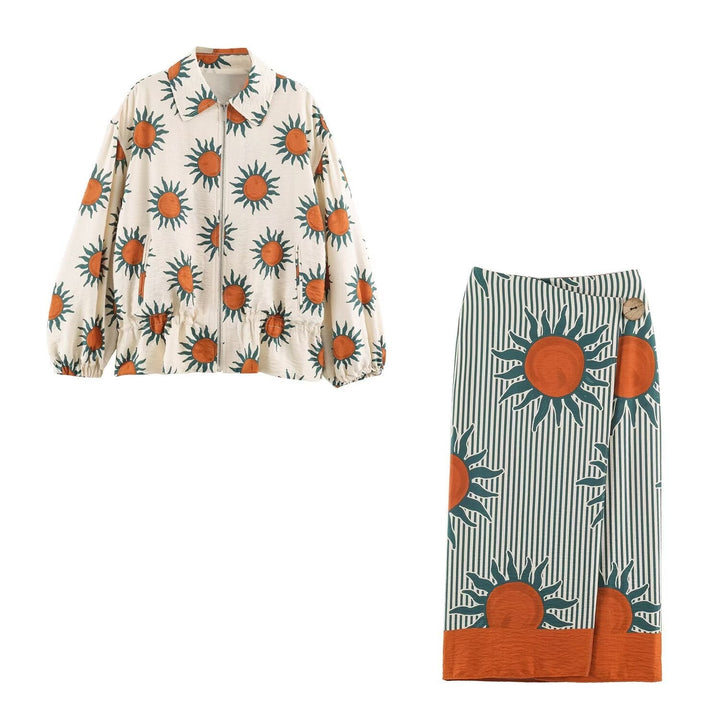 Dam Lätt Printed Blouson Jacka med Sun Design, Drawstring Waist och Dragkedja