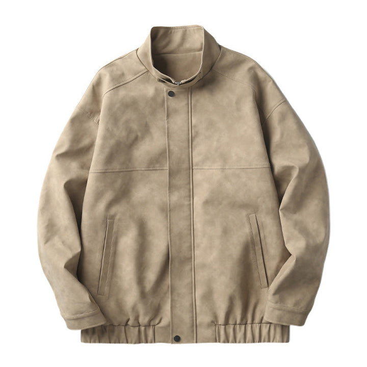 Herr Boxy Leather-Look Blouson med Dold Dragkedja Knapplist, Ståkrage, och Elastisk Waistband