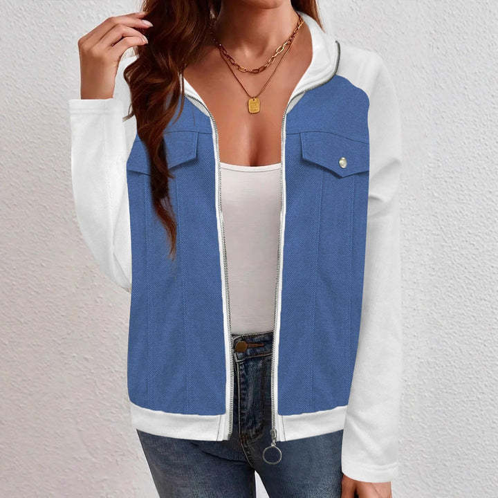 Dam denim mix blousonjacka med dragkedja och bröstfickor