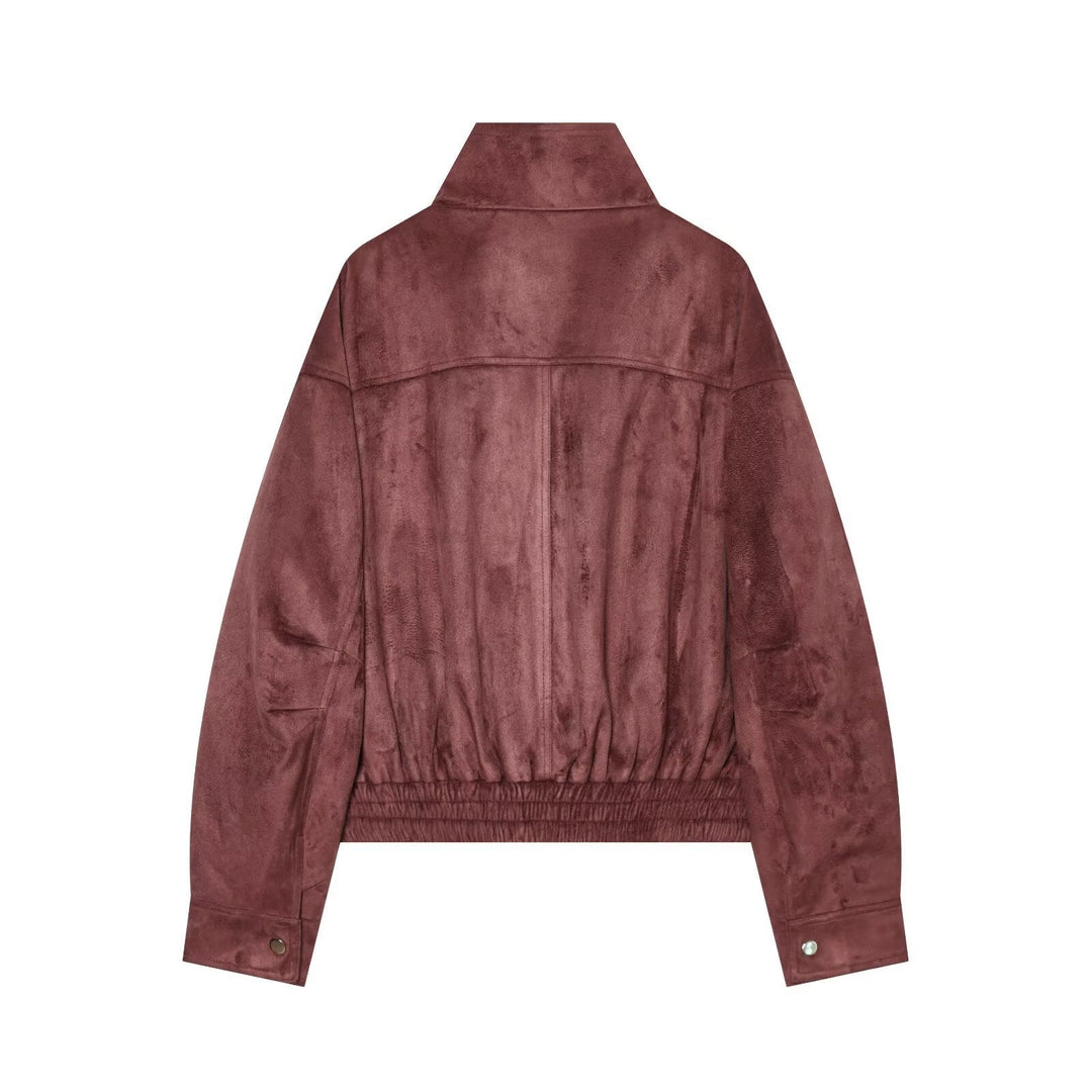 Dam Kort Suede Look Bomberjacka med Stå Krage och Elastic Nederkant