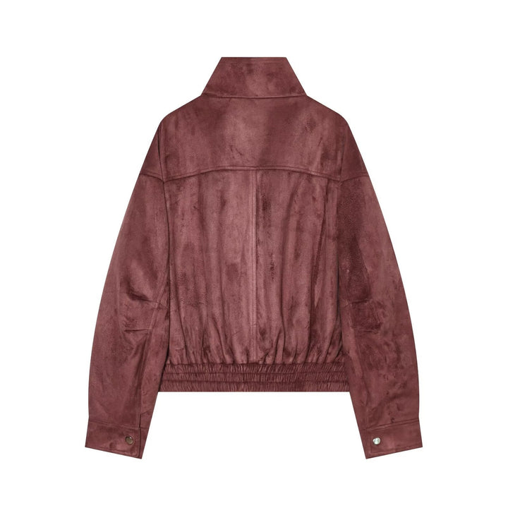 Dam Kort Suede Look Bomberjacka med Stå Krage och Elastic Nederkant
