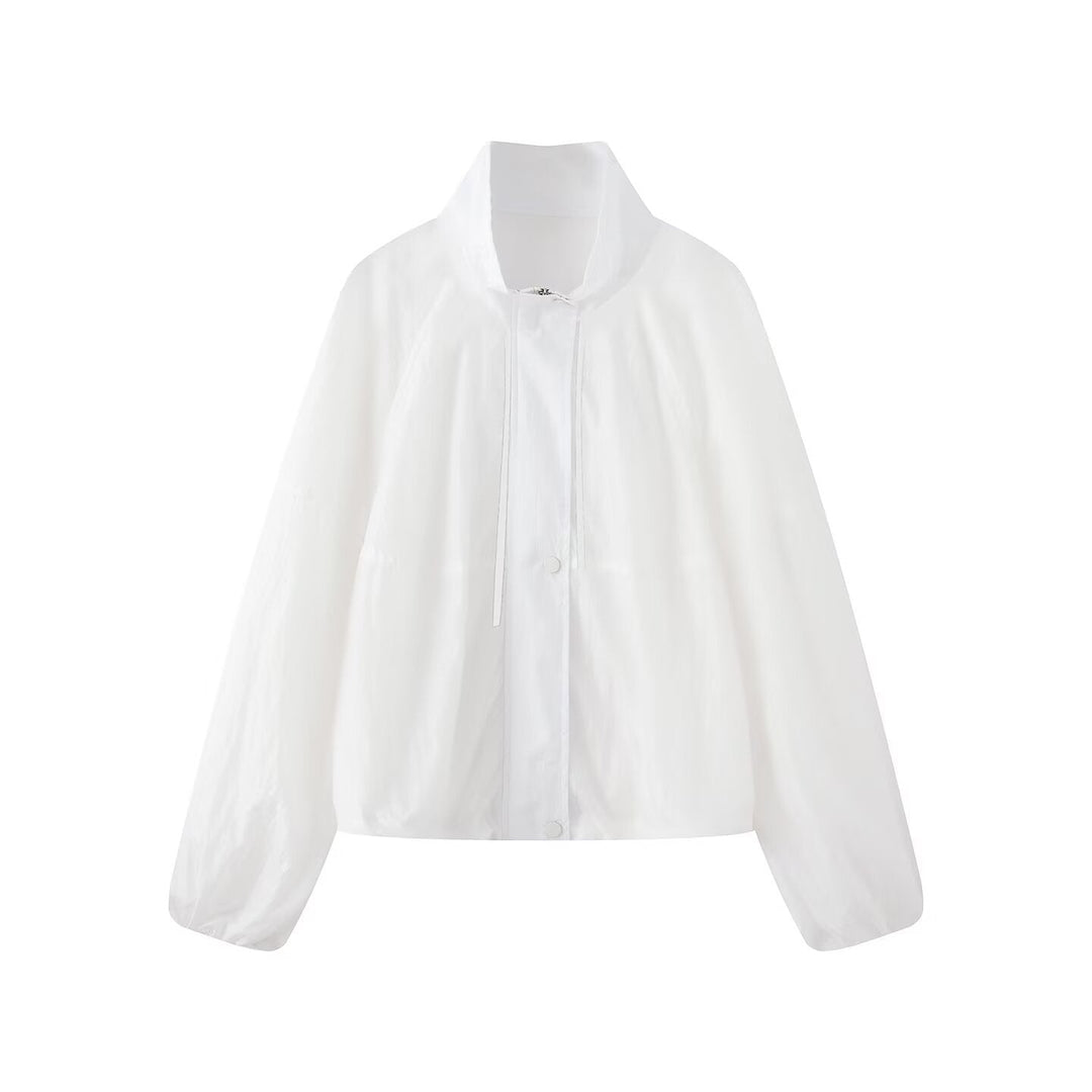 Dam Lätt Oversize Blouson Jacka Tillverkad av Nylon med Stå Krage, Drawstring och Tryckknapp Knapp Stängning