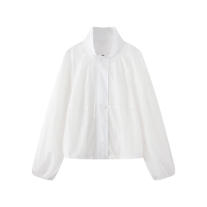 Dam Lätt Oversize Blouson Jacka Tillverkad av Nylon med Stå Krage, Drawstring och Tryckknapp Knapp Stängning