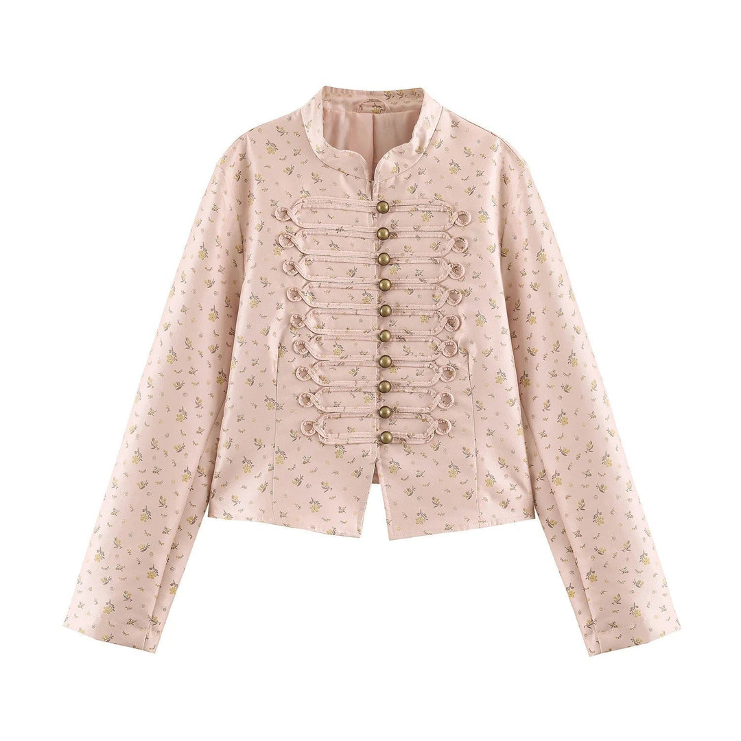 Dam Kort Brocade Look Military Blouson Jacka med Frog Knapp Knäppning