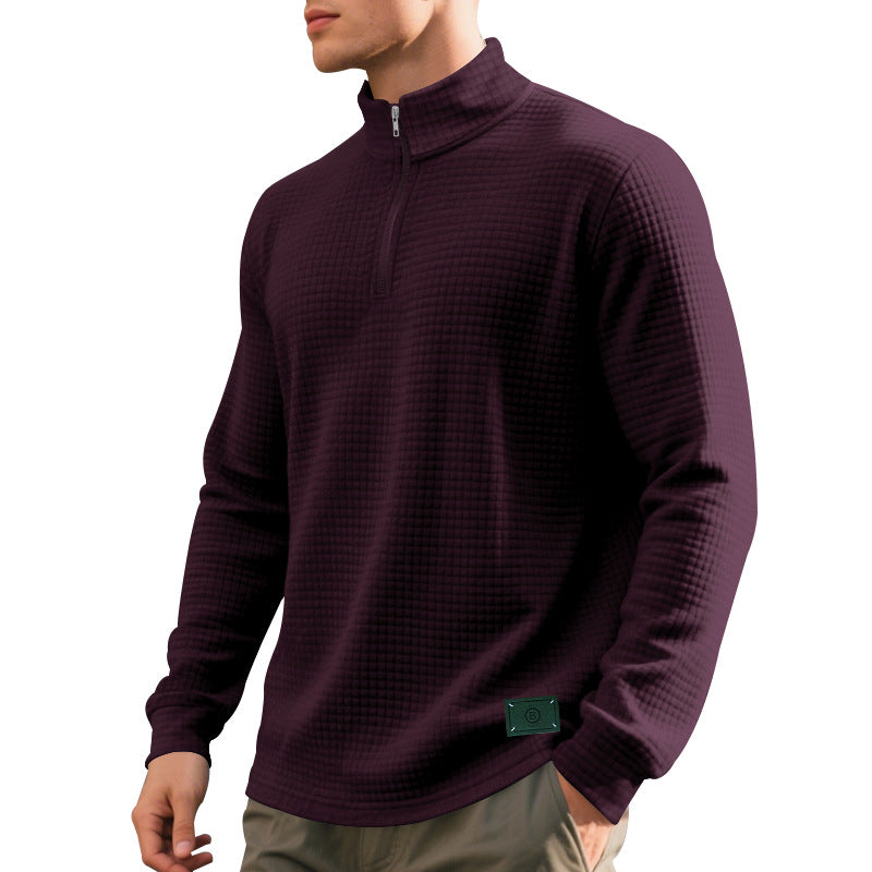 Herr Nano Lätt Waffle Stickad Pullover med Kort Krage Dragkedja och Rounded Fåll