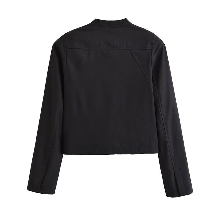 Dam Kort Tailored Blouson Jacka med Stå Krage, Dekorativ Loops och Seams