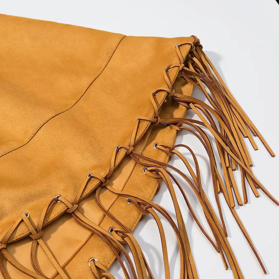 Dam Velvet look Cape med skjortkrage, Decorative Stitch och lång Fringe