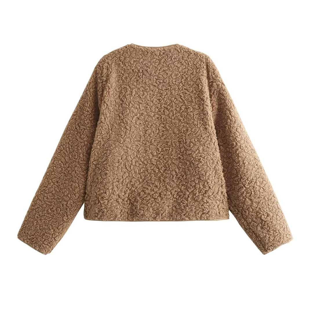 Dam kort teddy fleece blazer med rund hals, hel dragkedja, och discreet sidofickor