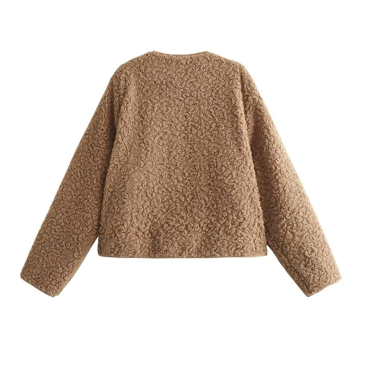 Dam kort teddy fleece blazer med rund hals, hel dragkedja, och discreet sidofickor