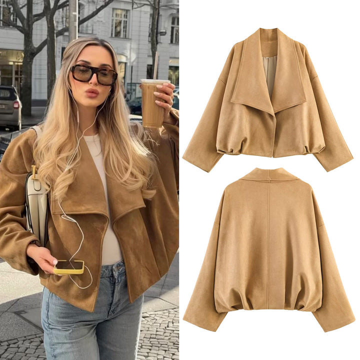 Dam Kort Skärning Oversize Suede Jacka med Wide Waterfall Krage