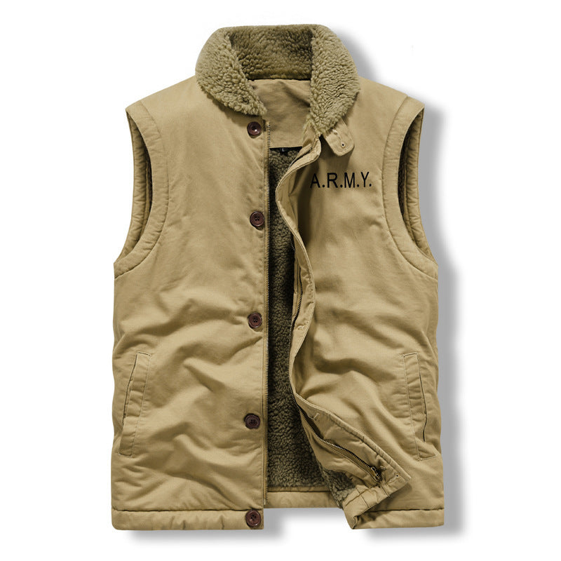 Herr Sleeveless Termisk Väst i Militär Stil med Teddyfoder och Stående Krage