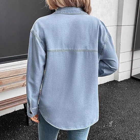 Dam oversize denim skjortjacka med bröstfickor