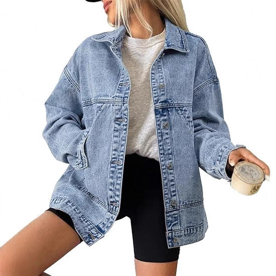 Dam oversize denimjacka med Deep Yoke, Straight fåll, och Vintage tvätta