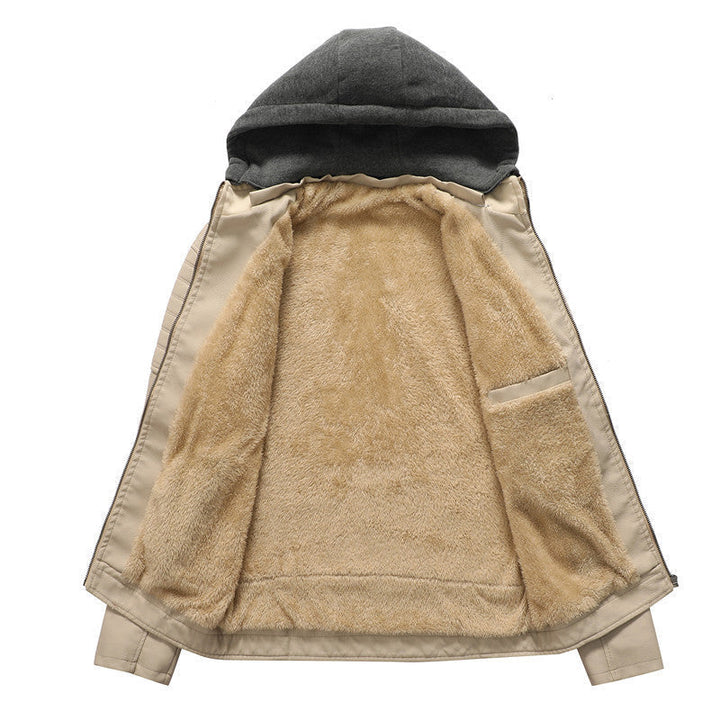 Herr Konstläder Hoodie Blouson med Teddyfoder, Quiltad Ärm Yoke och Huva Lager