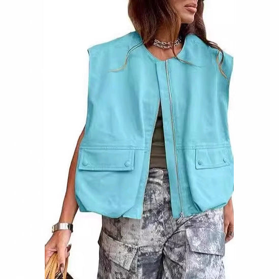Dam ärmlös utilitarian väst med dragkedja och flap fickor