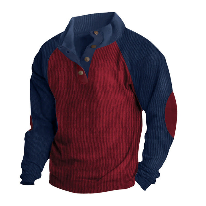 Herr Termisk Cord Pullover med Knapplist, Ståkrage, Raglanärmar, och Elbow Lappar
