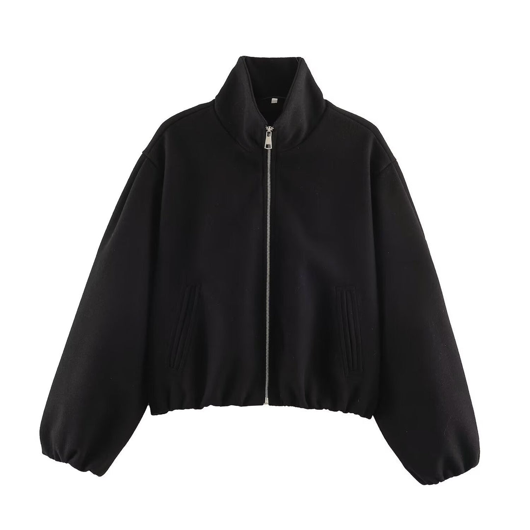 Dam Oversize Kort Blouson med Stå Krage, Dragkedja och Elastic Nederkant