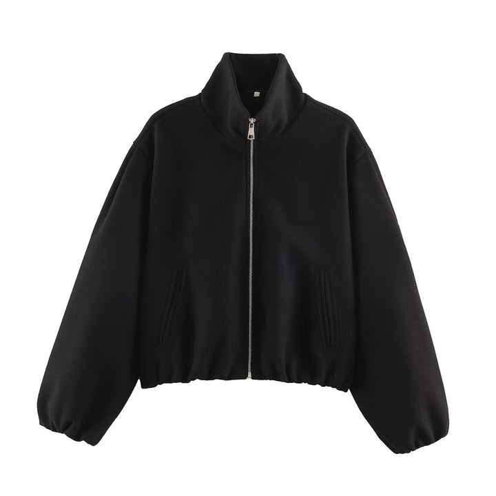 Dam Oversize Kort Blouson med Stå Krage, Dragkedja och Elastic Nederkant