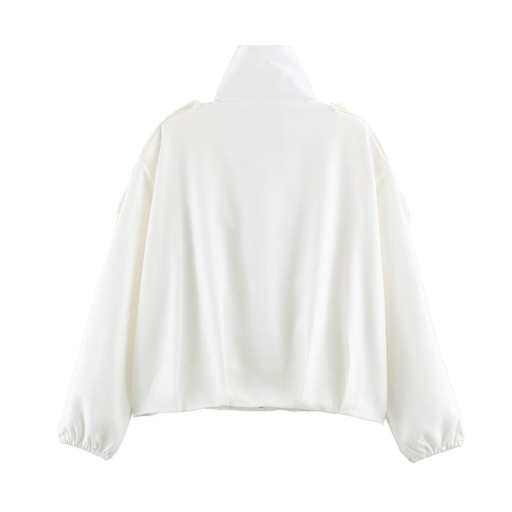 Dam Oversize Blouson Jacka med Hög Stå Krage, Shoulder Patches och Elastic Nederkant