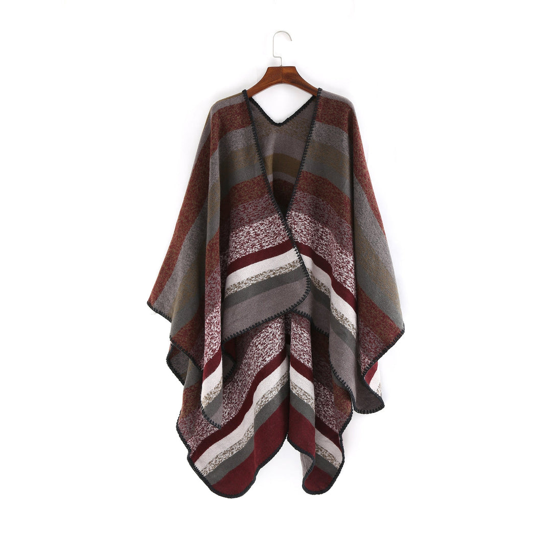 Dam Woven oversized Ruana med Diagonal Block Stripe och Fringe Edge