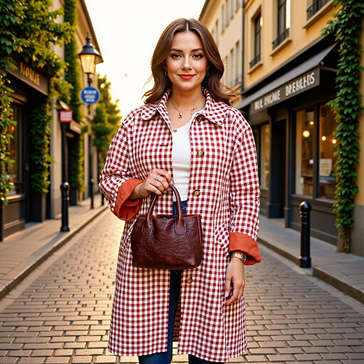 Dam rutig trenchcoat Mid-Length med knappslå och kontrast-Lined muddar