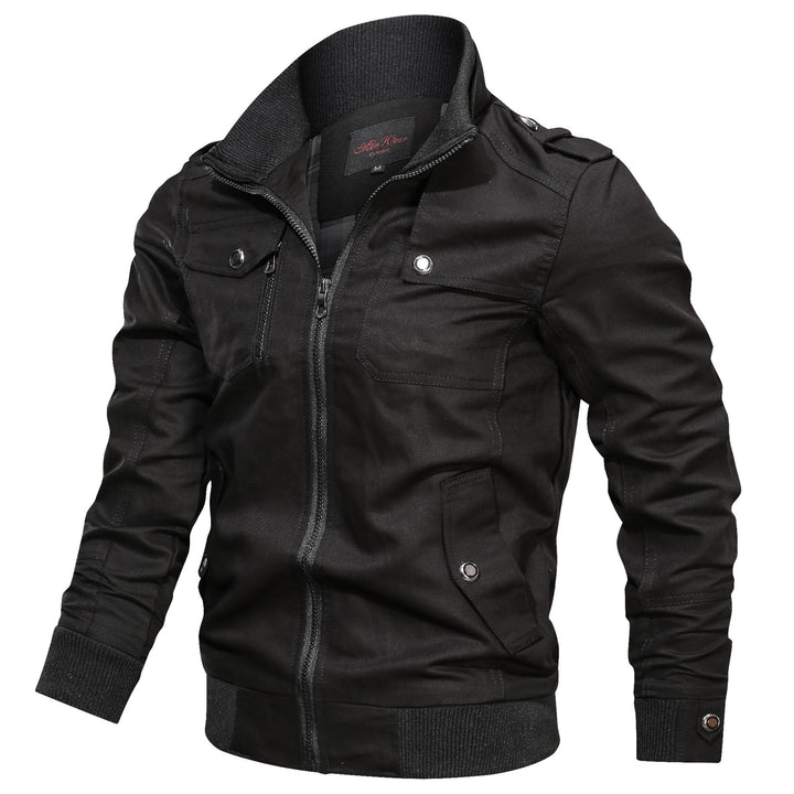 Herr Canvas Fältjacka i Bomber Stil med Ribbad Fåll, Stående Krage och Utility Fickor