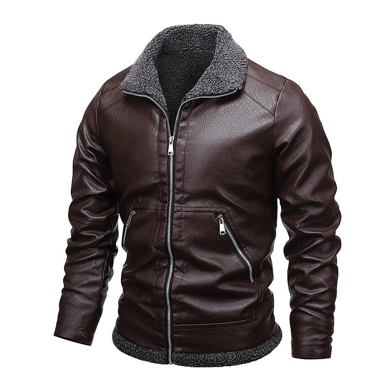 Herr Läder Look Pilot Jacka med Sherpa Interior Foder och Dold Zip Knapplist