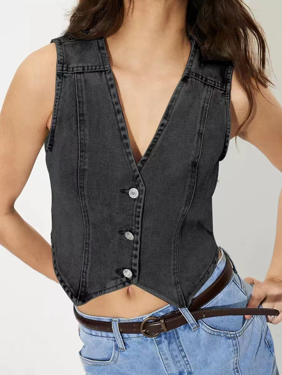 Dam skräddad ärmlös denimväst med V-ringning