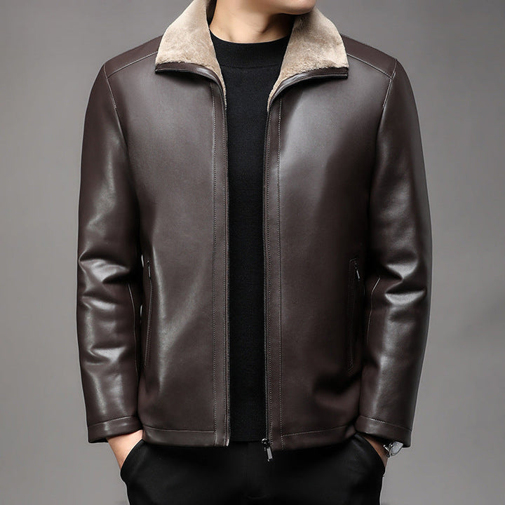 Herr Läder Jacka med Varm Lambskin Foder och Ståkrage