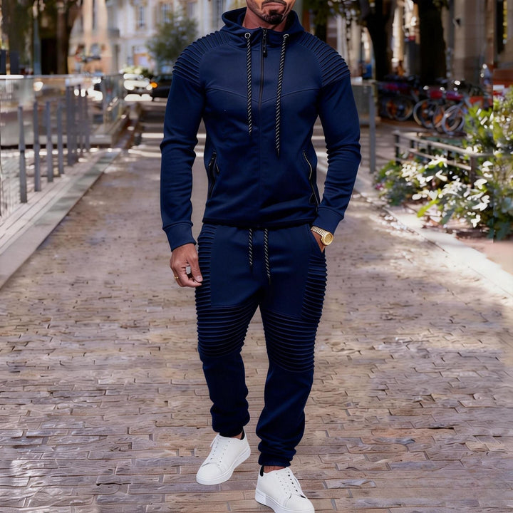 Herr Sportig Luvtröja Sweat Set med Ribbad Biker Panels