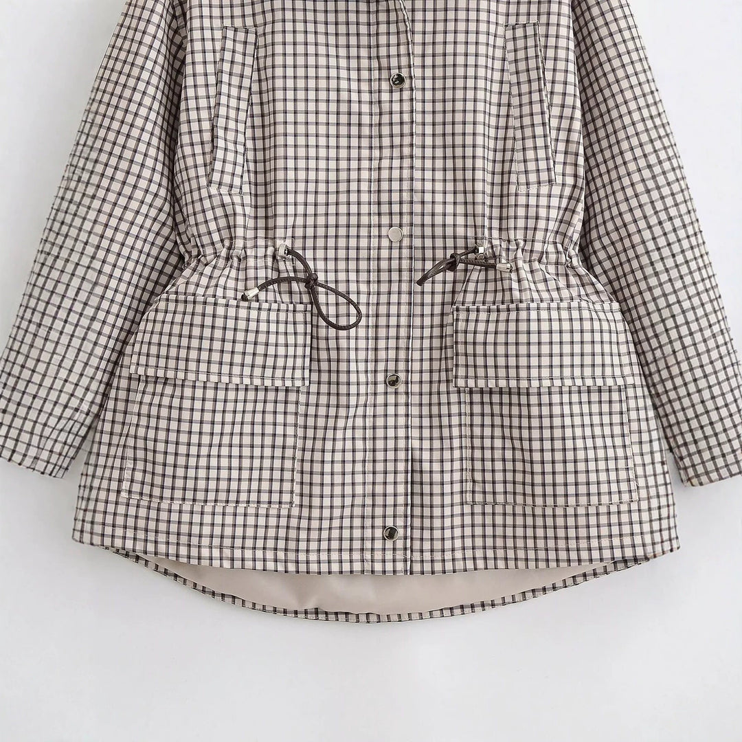 Dam Checked Övergångsjacka med Drawstring Waist och Lock Fickor