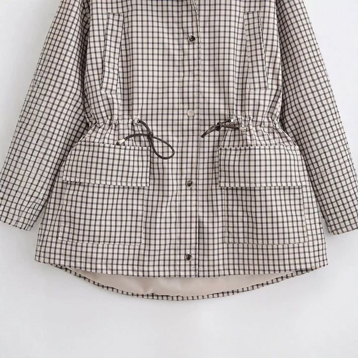 Dam Checked Övergångsjacka med Drawstring Waist och Lock Fickor