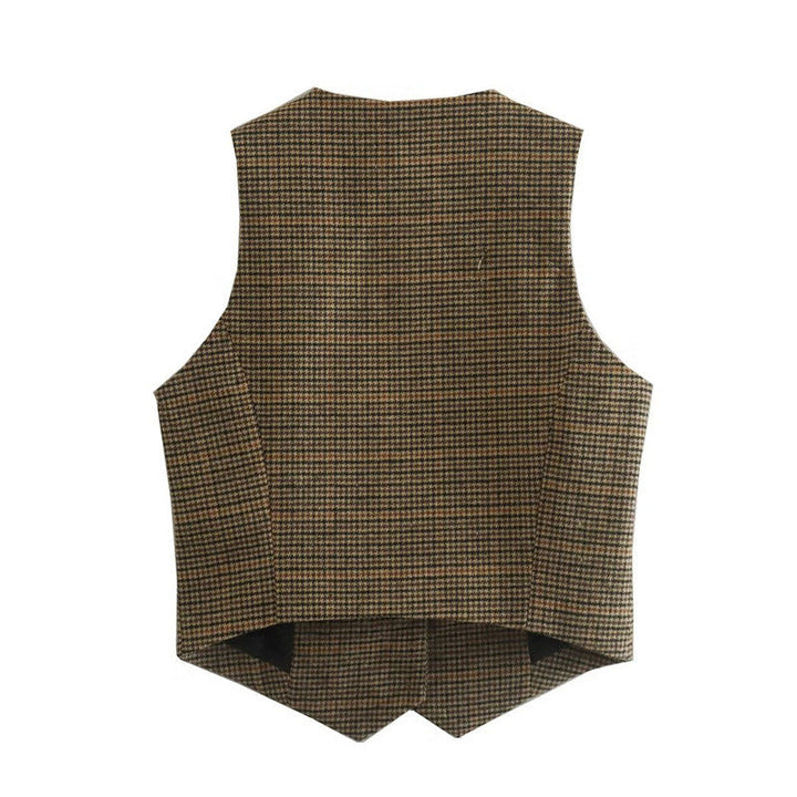 Dam skräddad Houndstooth väst med V-ringning, knapp-Free stängning och Welt fickor
