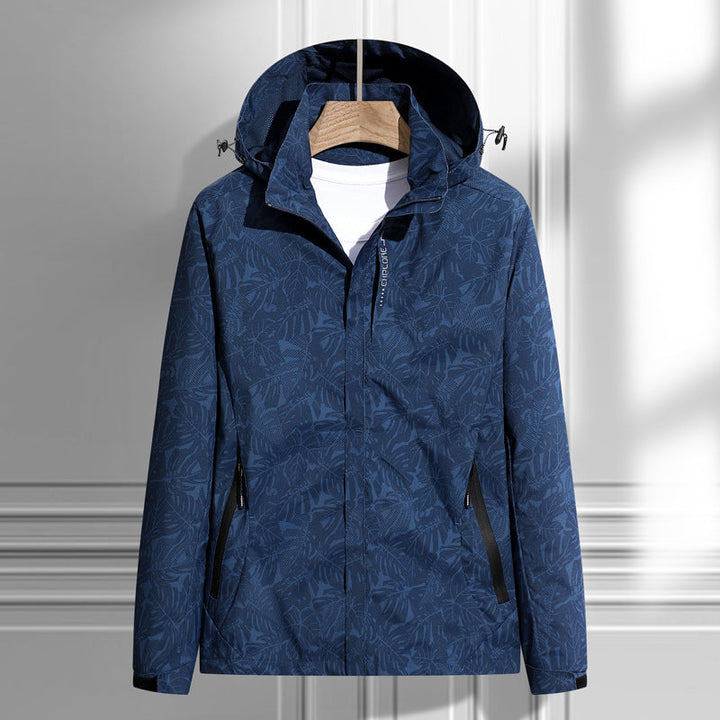 Dam lätt packable regn och wind jacka med huva, leaf mönster och concealed zippers