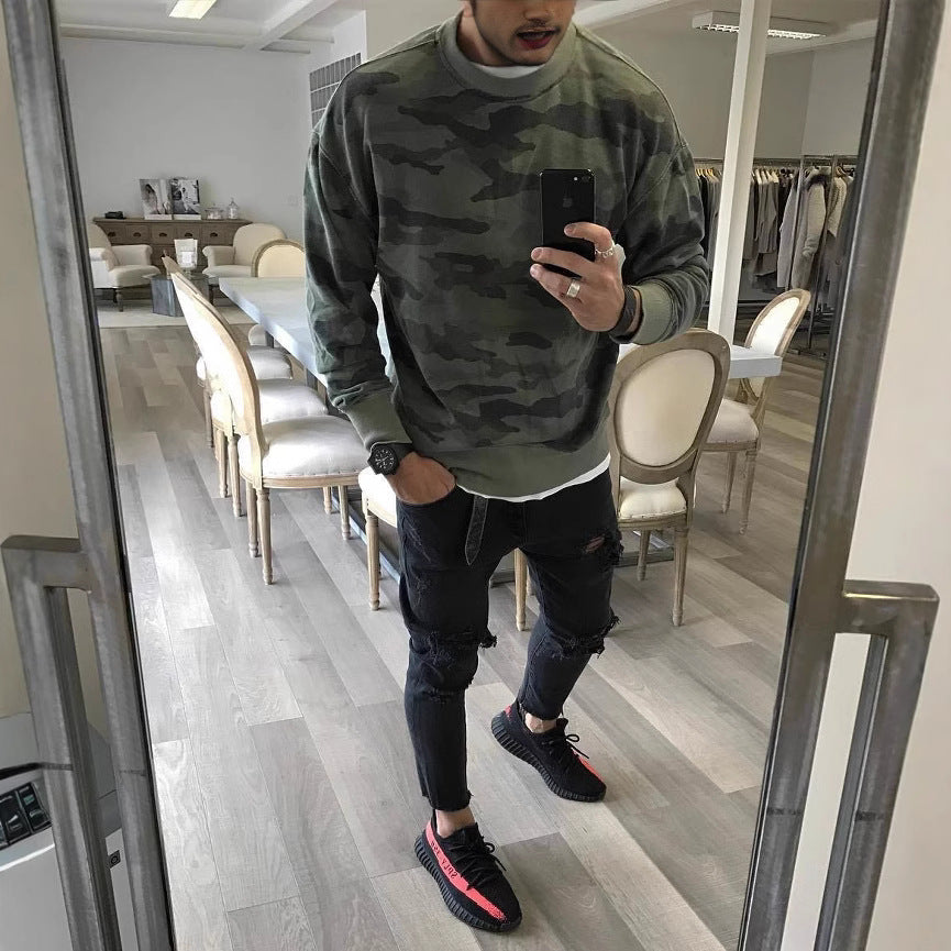 Herr Oversized Kamouflage College-Tröja med Crew Neck och Ribbstickade Muddar