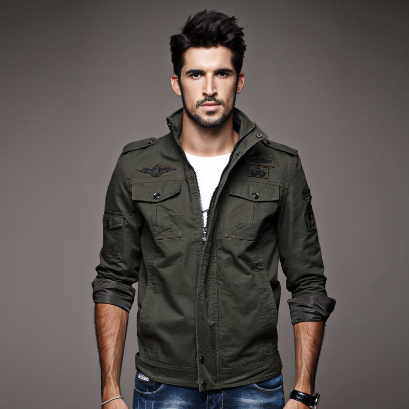 Herr Canvas Utility Fält Blouson med Standing Krage, Epaulettes och Multifunctional Fickor