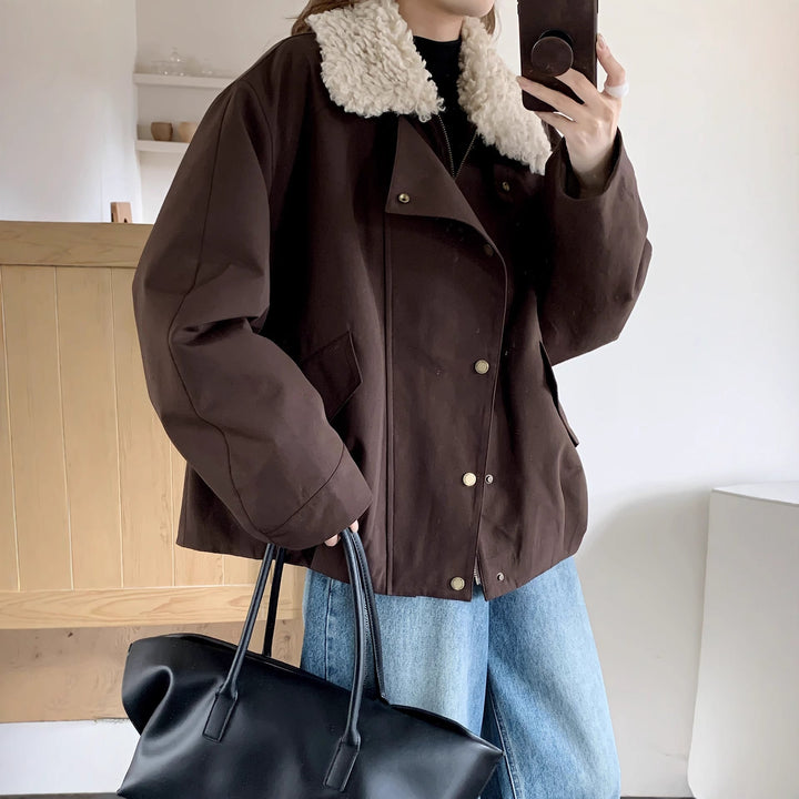 Dam oversize Utility jacka med hög teddy krage och Snap knappslå