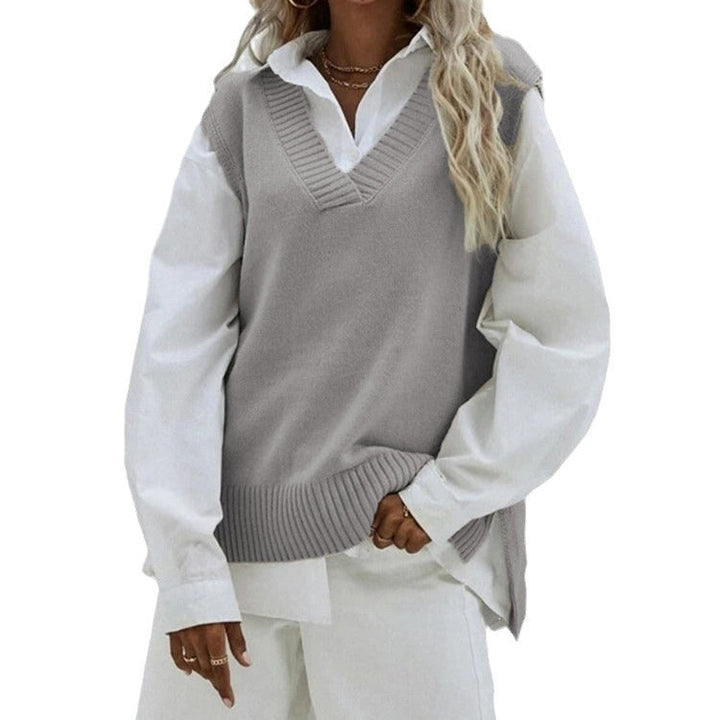 Dam Sleeveless stickad väst med V-Neck och Side Slits