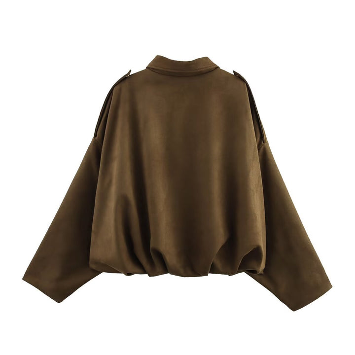 Dam kort skärning oversize mocka jacka med shoulder flaps och elastic fåll