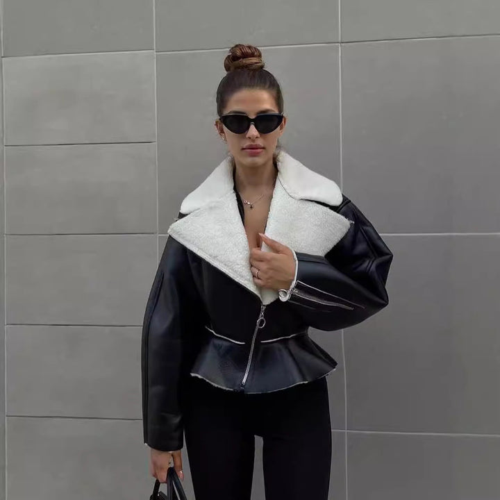 Dam kort Lambskin Imitation bikerjacka med oversize krage och asymmetrisk dragkedja
