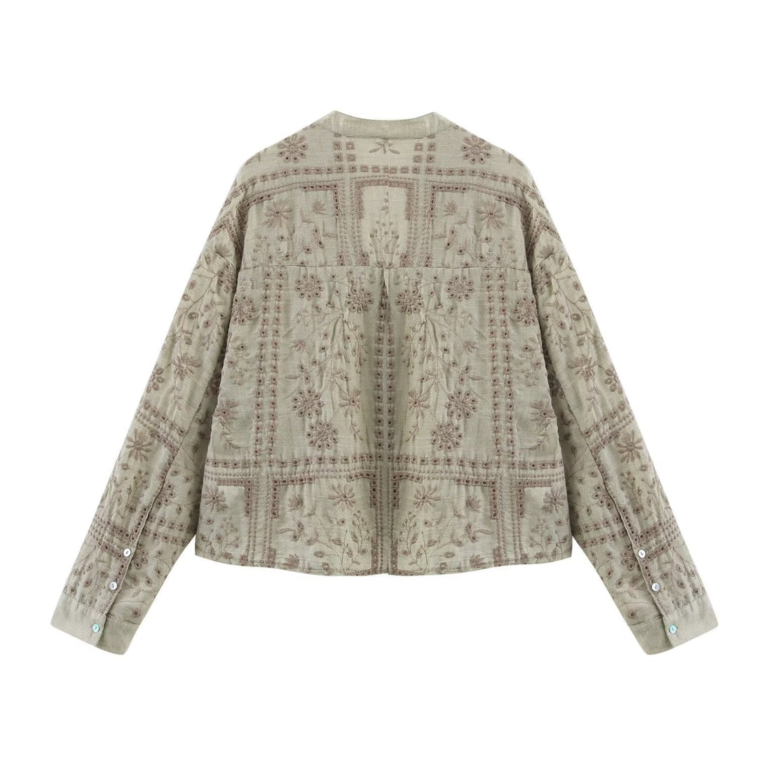 Dam Embroidered Lätt Boxig Övergångsjacka med V-Neck